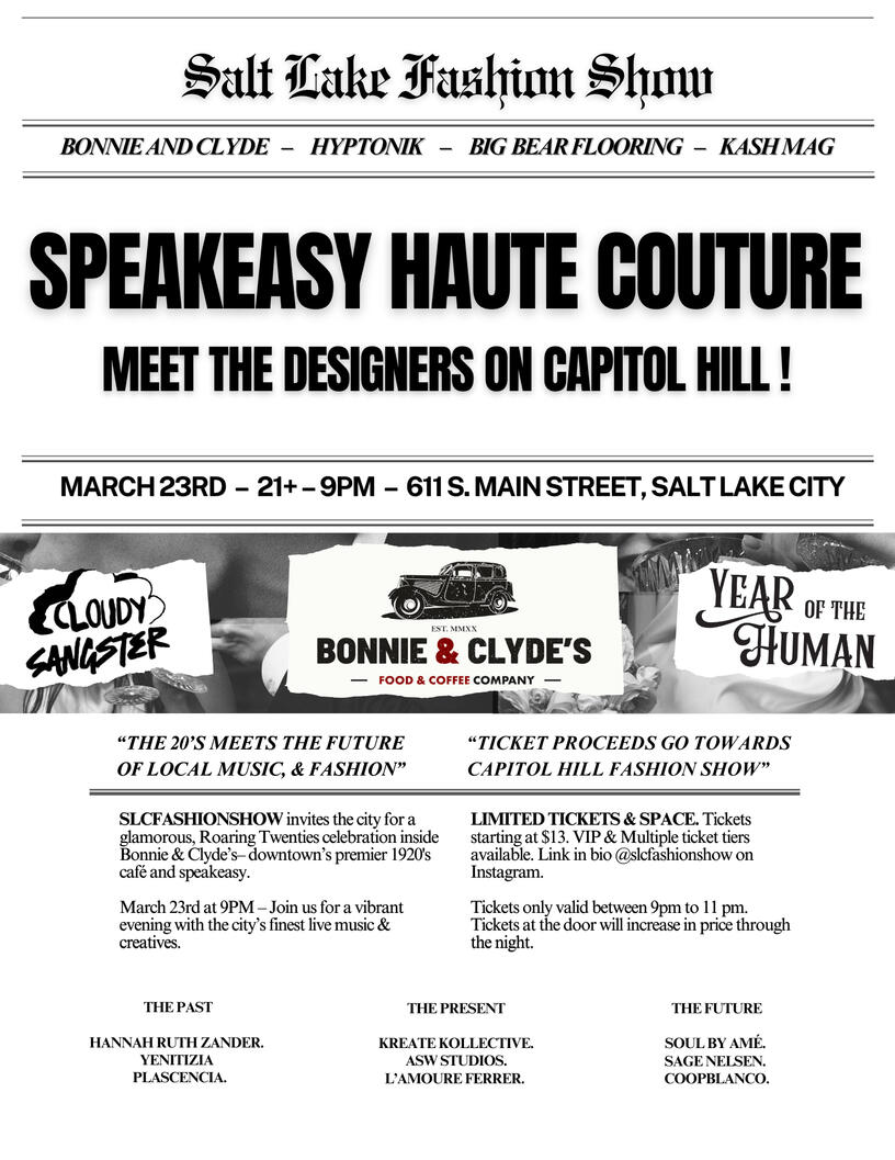 Bonnie & Clyde's Speakeasy & Coffee Shop – Promotional Flyer for SLCFASHIONSHOW